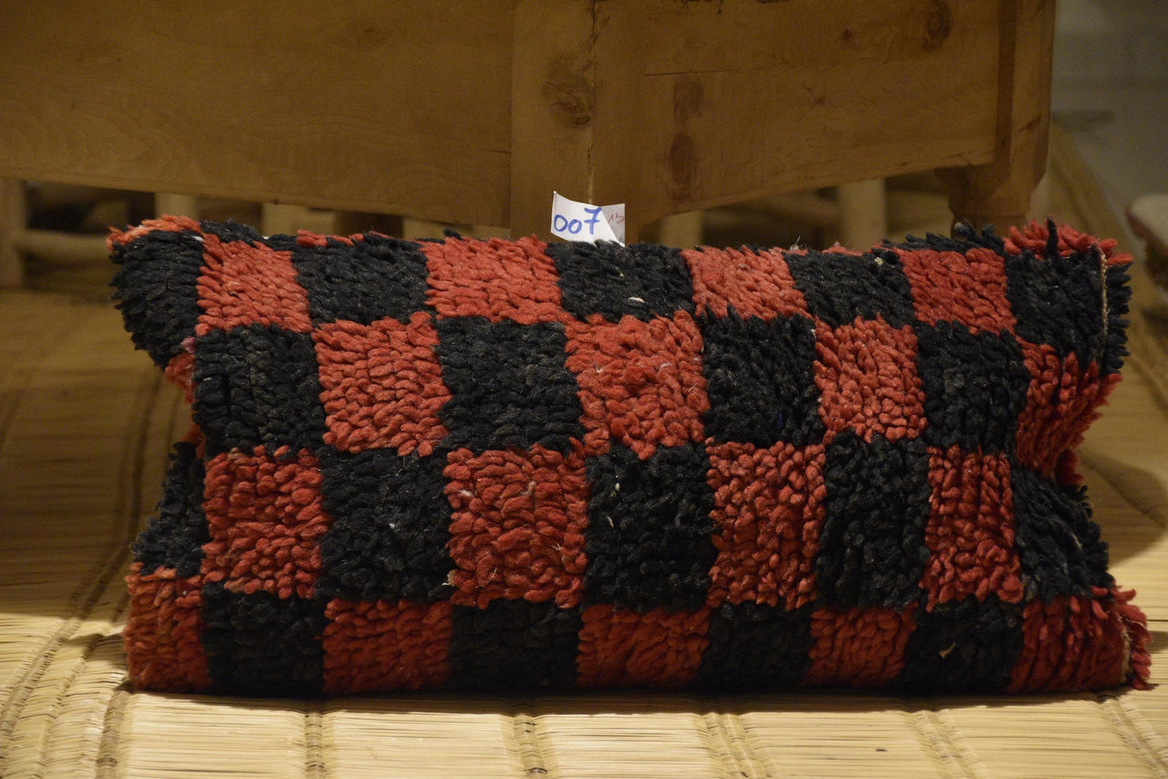 Two Vintage Moroccan Checkerboard Pillow Cover: Handcrafted Wool Tribal Cushion (24x12 Inches) Vintage