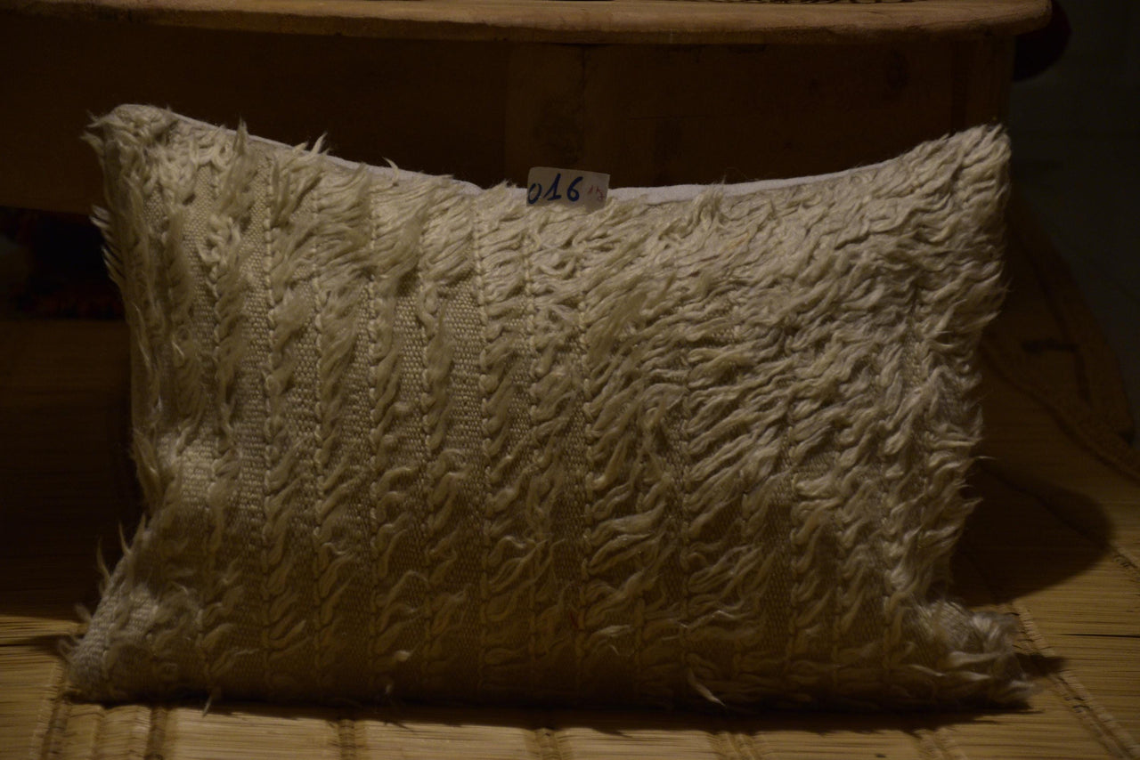 Two Vintage Beni Ourain Pillow Cover | Shaggy Wool Lumbar Cushion (20x16 Inches) Vintage