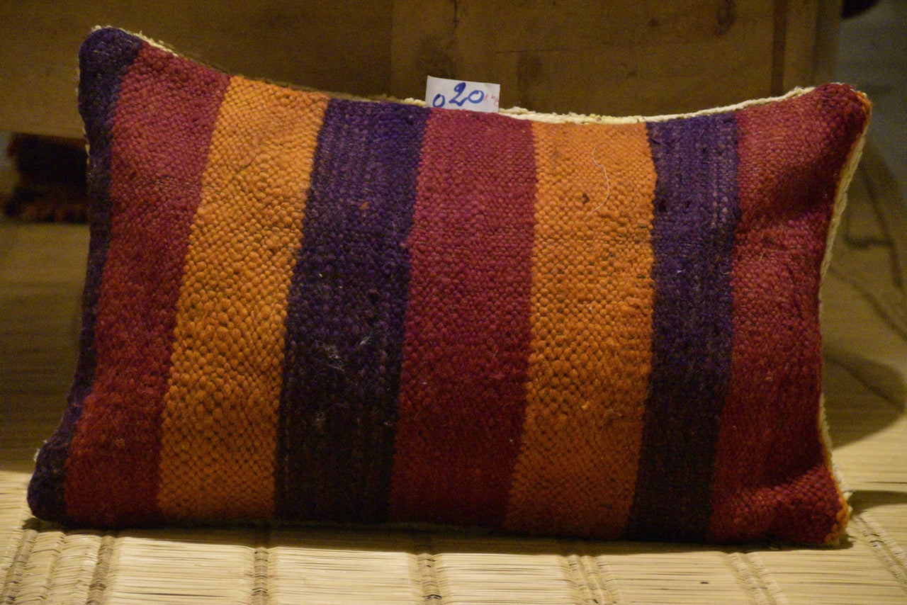 Two Vintage Moroccan Boujad Kilim Pillow | Reversible High-Pile Wool Accent Cushion 12x20 Vintage