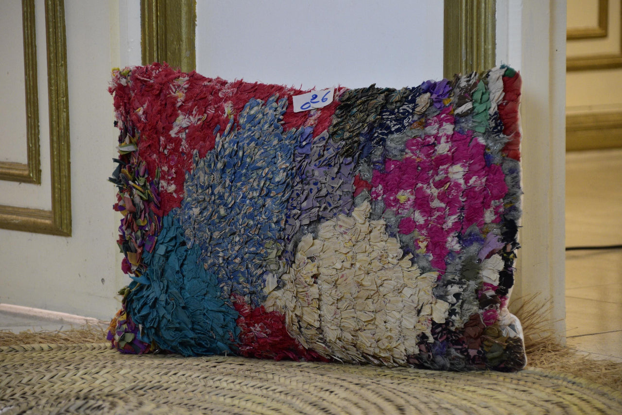 Two Vintage Moroccan Boucherouite Pillow | Vibrant Abstract Rag Rug Cushion 16x20 Vintage