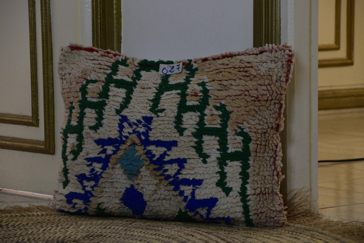 Two Vintage Moroccan Boujad Pillow | Shaggy Geometric Tribal Wool Cushion 16x20 Vintage