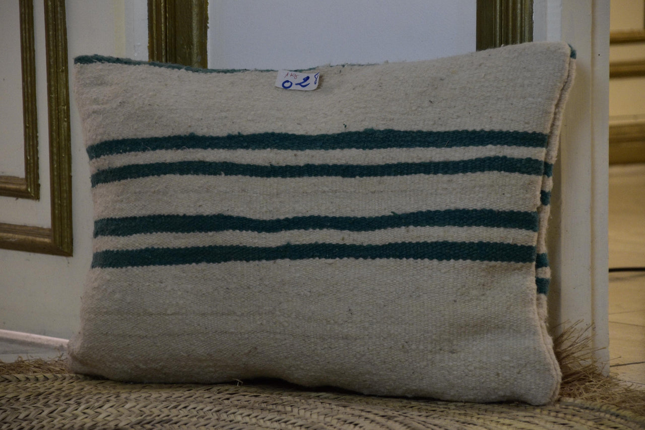Two Vintage Moroccan Kilim Pillow Cover, Hand-Loomed Wool Striped Boho Throw Cushion (16x20) Vintage
