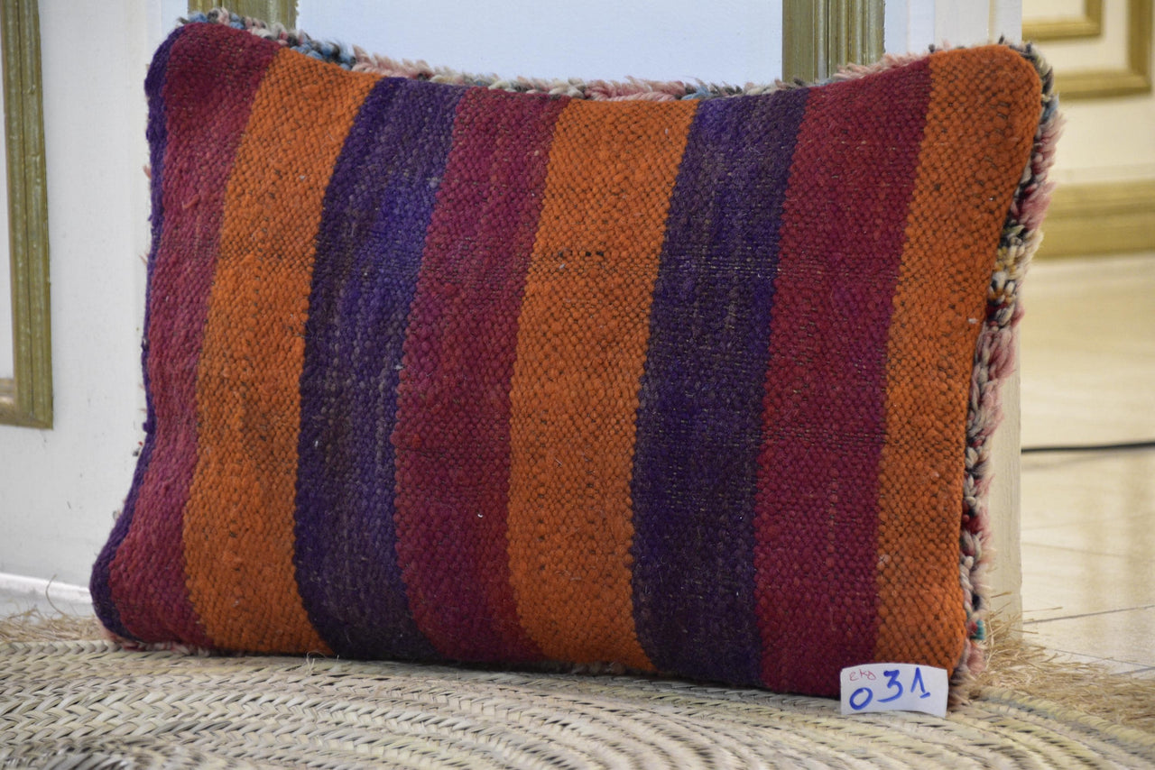 Two Reversible Moroccan Boujad Pillow, Coral Pink Wool Rug Cushion, Geometric Boho Decor (16x20)