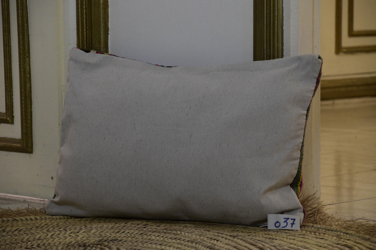 Two Vintage Moroccan Kilim Pillow, Colorful Wool Lumbar Cushion, Berber Tribal Accent 16x20 Vintage