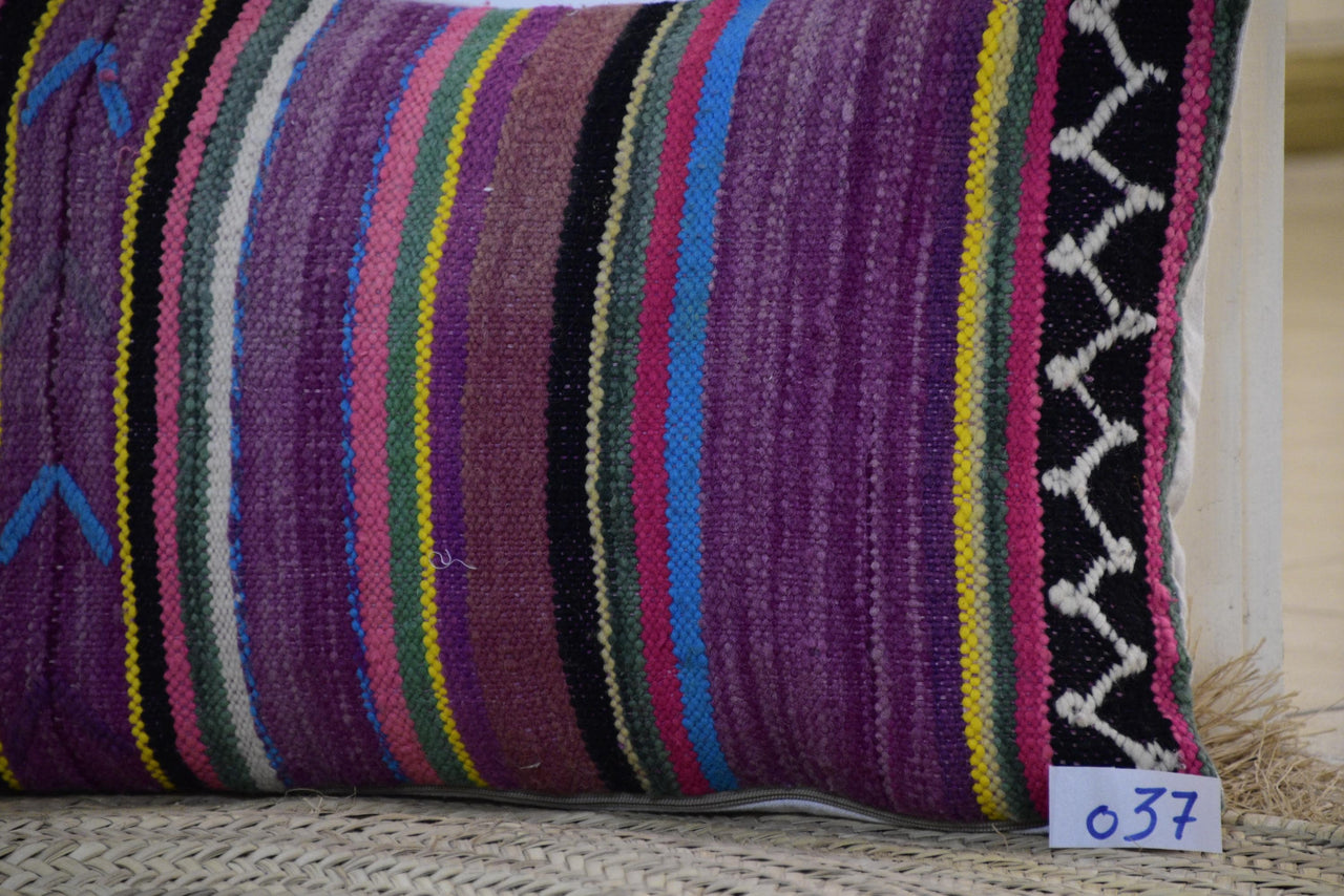 Two Vintage Moroccan Kilim Pillow, Colorful Wool Lumbar Cushion, Berber Tribal Accent 16x20 Vintage