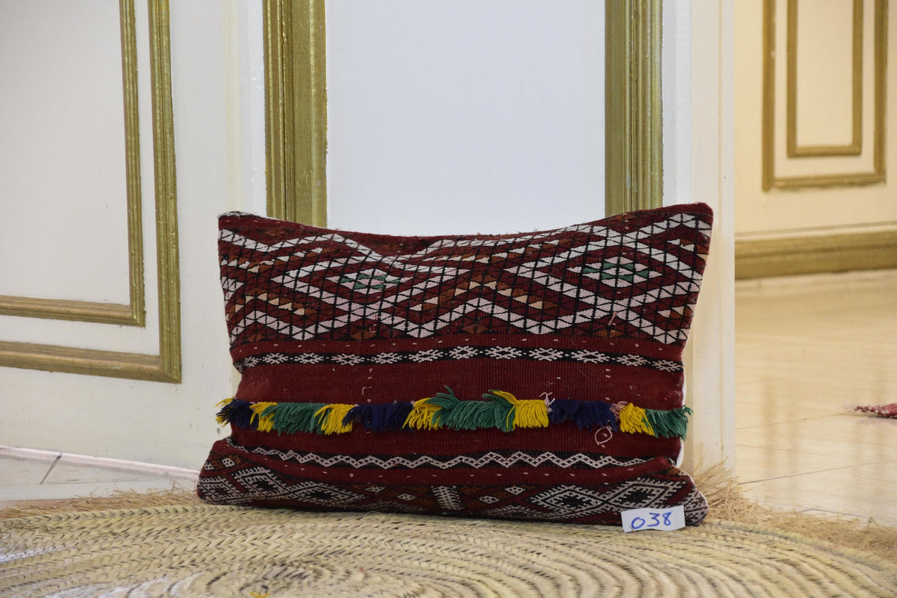 Two Vintage Moroccan Kilim Pillow, Burgundy Wool Cushion, Tribal Berber Throw 16x20 Vintage