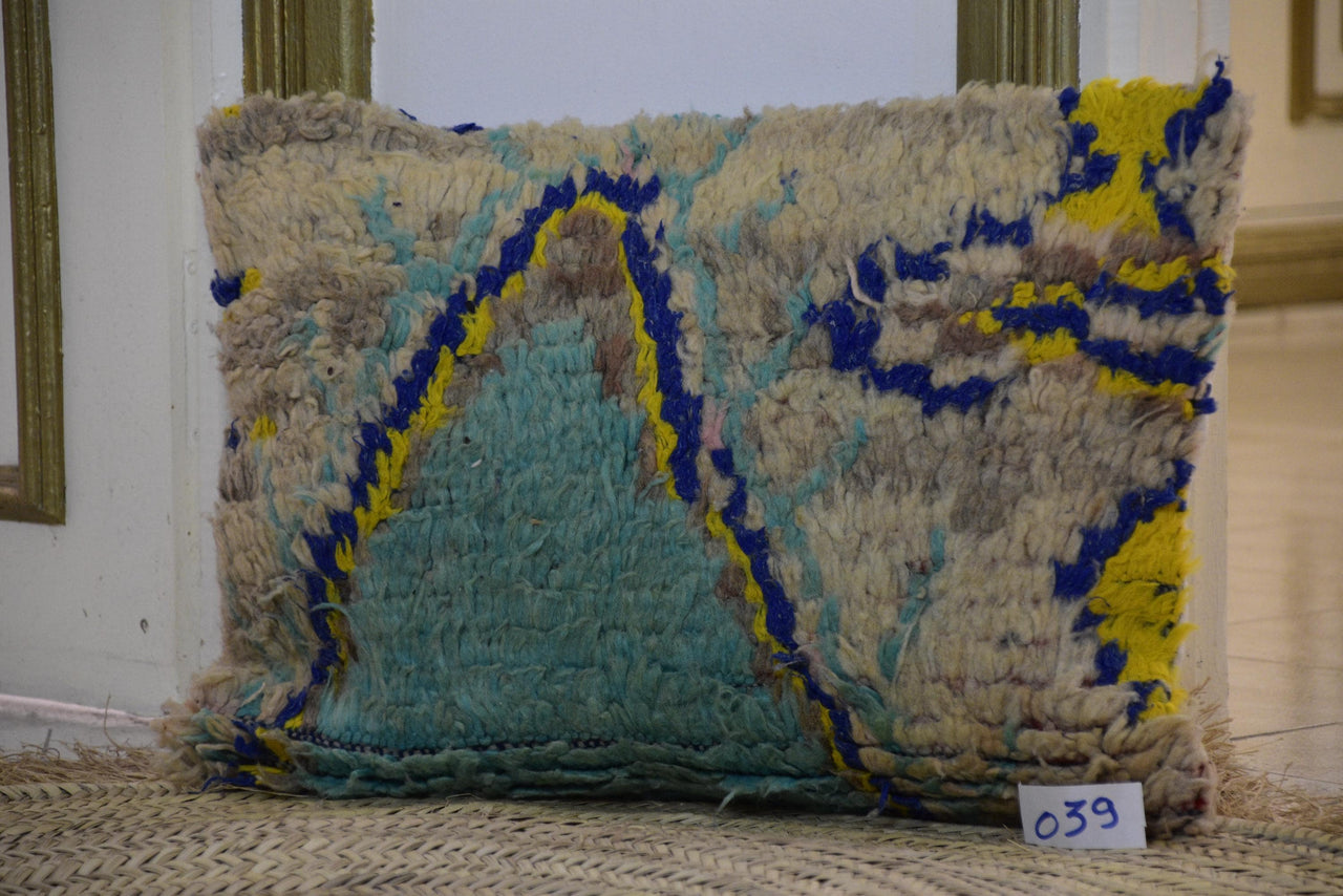 Two Vintage Moroccan Wool Rug Cushion Cover, Turquoise Yellow Abstract Tribal Lumbar Pillow Vintage