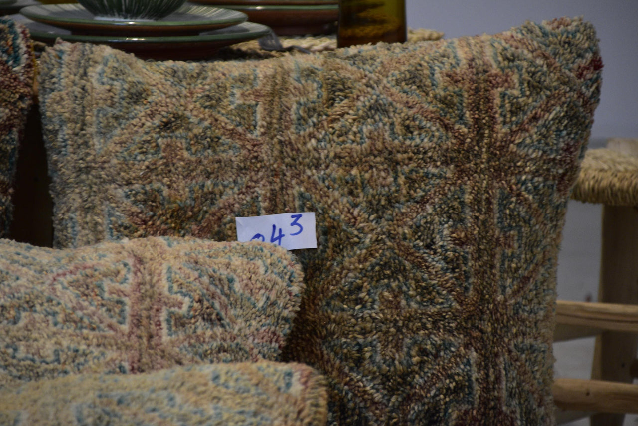 Two Vintage Moroccan High-Pile Wool Lumbar Cushions, Teal Brick Red Boho Set Vintage