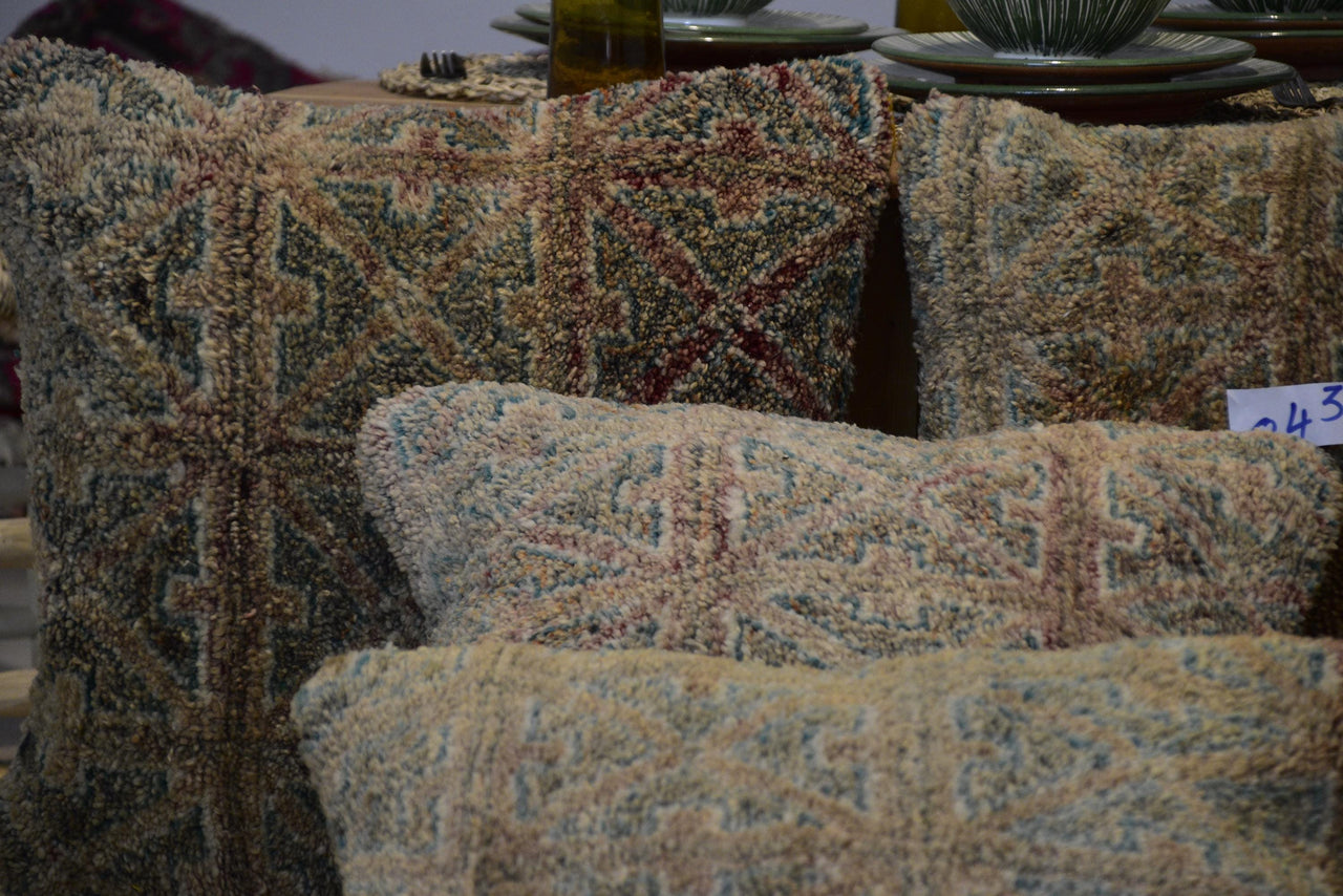 Two Vintage Moroccan High-Pile Wool Lumbar Cushions, Teal Brick Red Boho Set Vintage