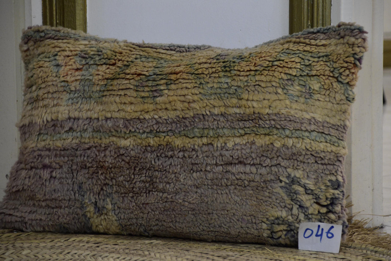 Two Distressed Vintage Moroccan Wool Lumbar Pillow, Pastel Mauve Mustard Yellow Rug Cushion Vintage
