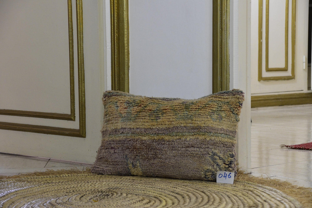 Two Distressed Vintage Moroccan Wool Lumbar Pillow, Pastel Mauve Mustard Yellow Rug Cushion Vintage