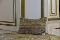Two Distressed Vintage Moroccan Wool Lumbar Pillow, Pastel Mauve Mustard Yellow Rug Cushion Vintage