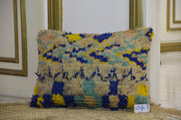 Two Vintage Moroccan Rug Pillow, High-Pile Wool Cushion, Electric Blue Yellow Accent (16x20) Vintage