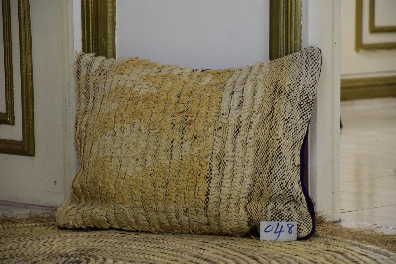 Two Reversible Vintage Moroccan Rug Pillow, Mustard Yellow Cream Kilim Cushion, 16x20 Vintage