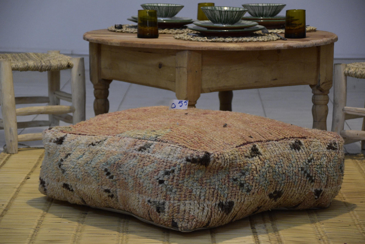 Two Vintage Moroccan Wool Pouf Ottoman, Burnt Orange Terracotta Boho Floor Cushion (24x24x8)