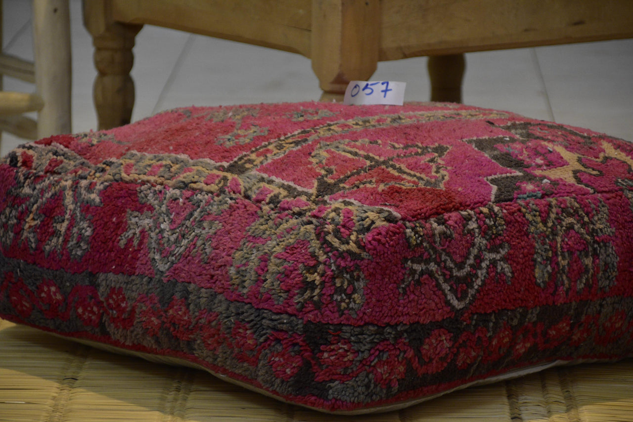 Two Vintage Moroccan Wool Pouf Ottoman, Burnt Orange Terracotta Berber Square Cushion (24x24x8)