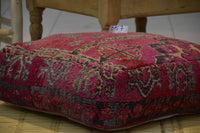 Two Vintage Moroccan Wool Pouf Ottoman, Burnt Orange Terracotta Berber Square Cushion (24x24x8)