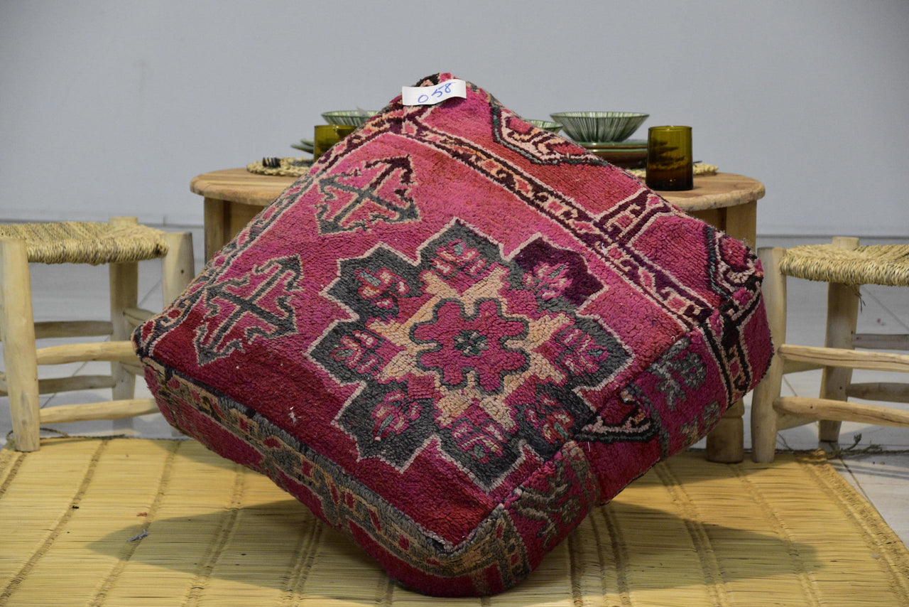 Two Vintage Moroccan Wool Pouf Ottoman, Burnt Orange Terracotta Berber Cushion (24x24x8) Vintage