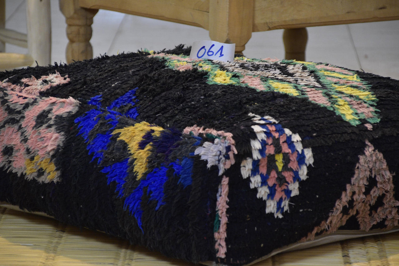 Two Vintage Moroccan Wool Pouf Ottoman, Geometric Berber Rug Cushion (24x24x8) Vintage