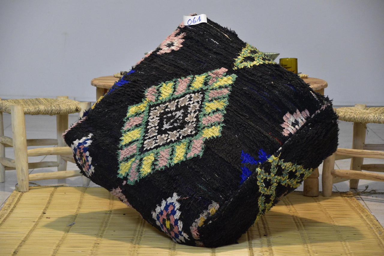 Two Vintage Moroccan Wool Pouf Ottoman, Geometric Berber Rug Cushion (24x24x8) Vintage
