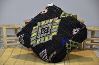 Two Vintage Moroccan Wool Pouf Ottoman, Geometric Berber Rug Cushion (24x24x8) Vintage