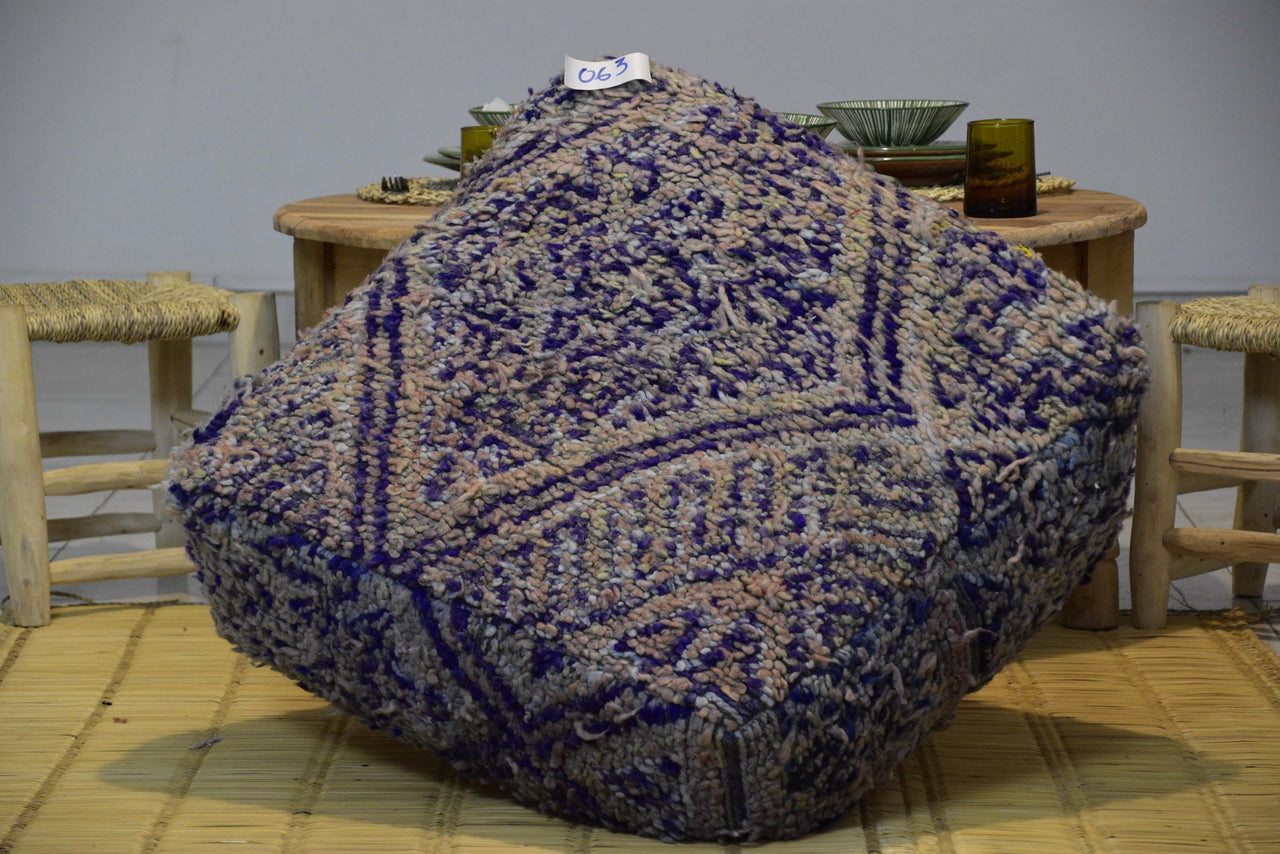 Two Vintage Moroccan Wool Pouf Ottoman, Geometric Berber Rug Cushion (24x24x8) Vintage