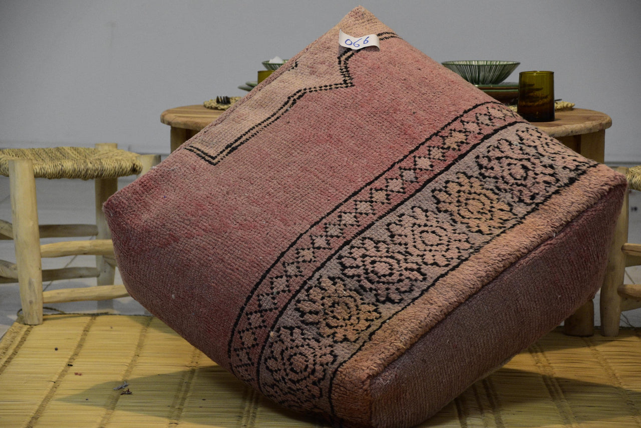 Two Vintage Moroccan Wool Floor Pillow, Terracotta Berber Bench Ottoman (40x24x8)