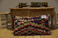 Two Handwoven Moroccan Boucherouite Lumbar Pillow, Recycled Fabric Boho Accent Cushion Vintage