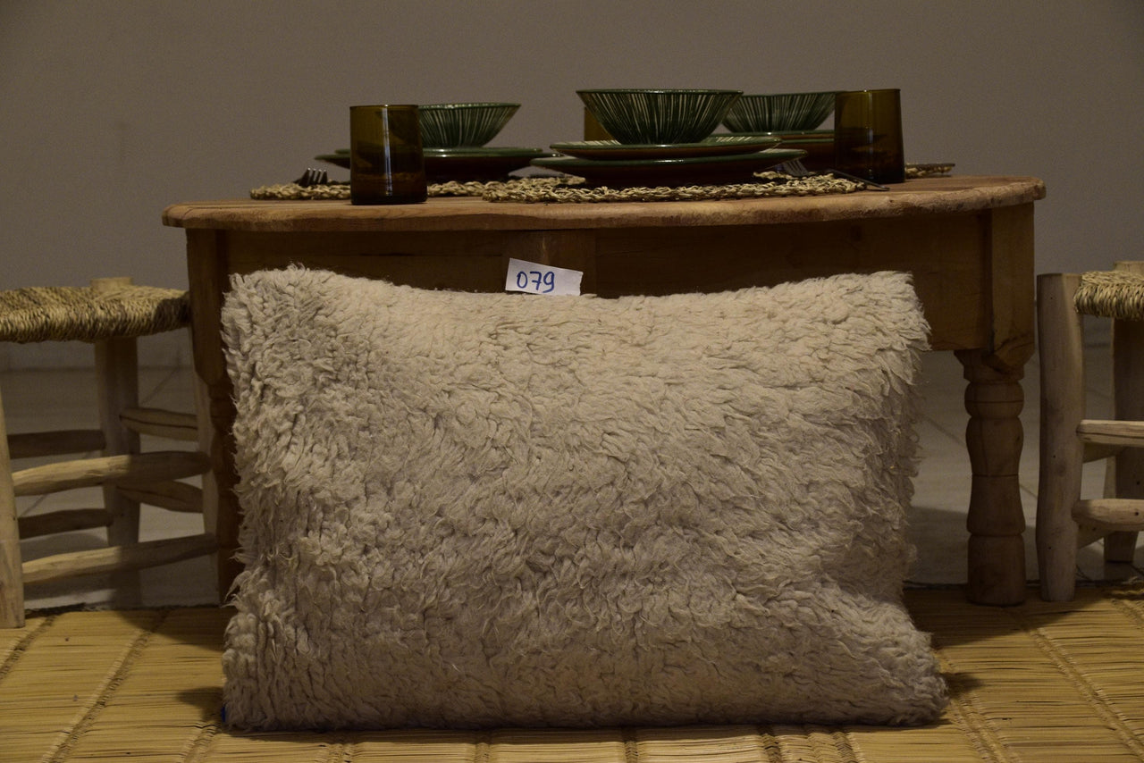 Two Hand-Woven Natural Wool Lumbar Pillow, Shaggy Berber Throw Cushion, Cream Bohemian Decor Vintage