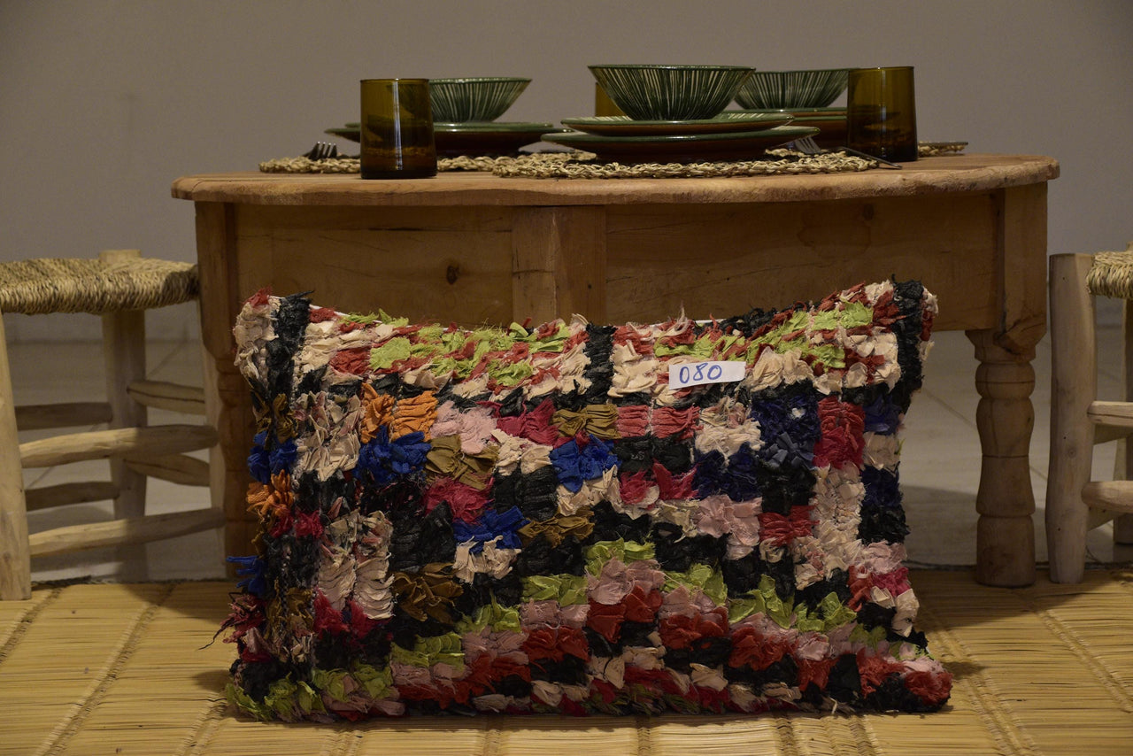 Two Handwoven Boucherouite Pillow Cover, Vibrant Patchwork Cushion, Moroccan Boho Home Decor Vintage