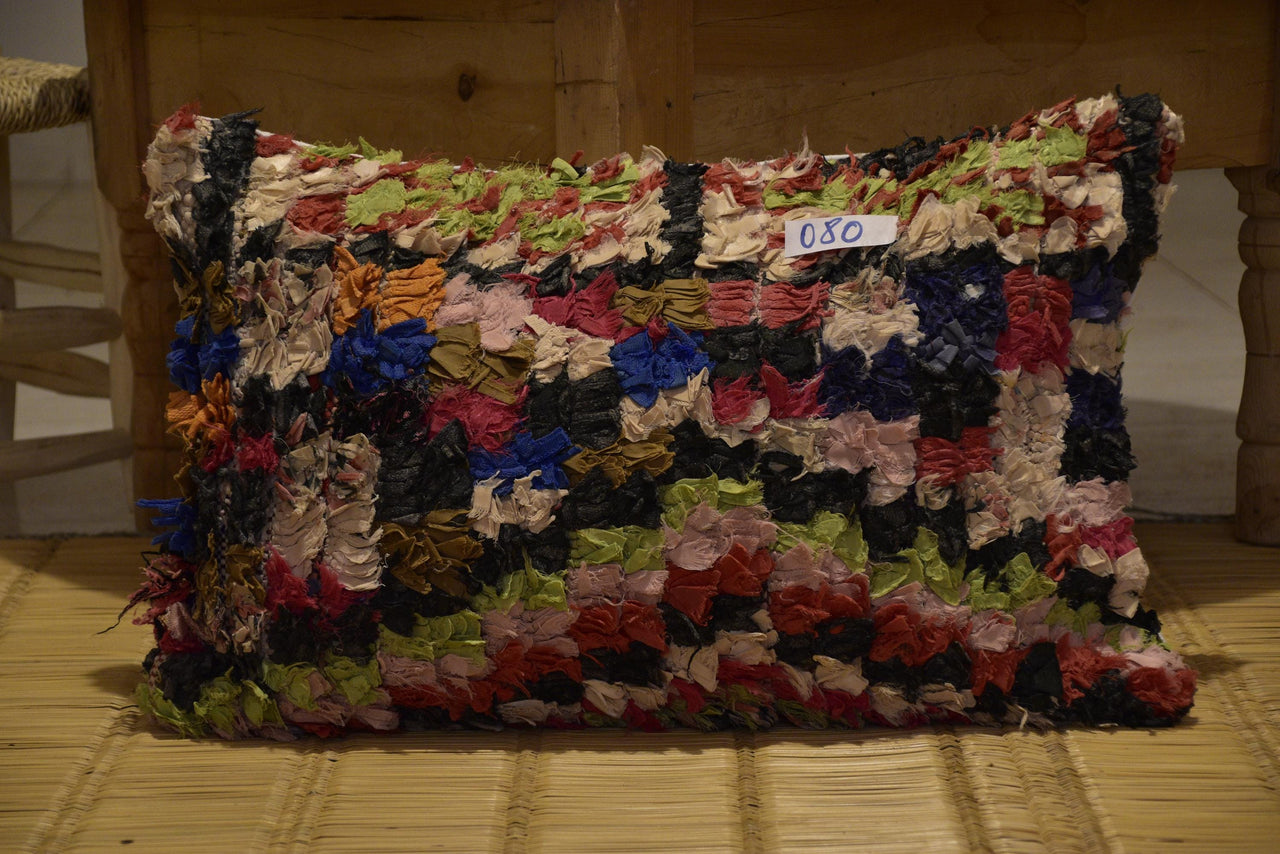 Two Handwoven Boucherouite Pillow Cover, Vibrant Patchwork Cushion, Moroccan Boho Home Decor Vintage