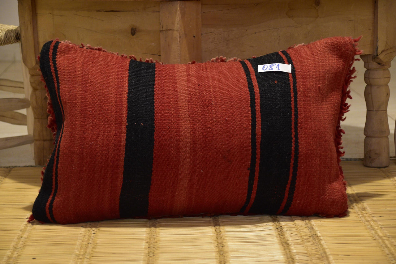 Two Reversible Moroccan Lumbar Pillow, Shaggy Kilim Wool Cushion, Red Black Stripes