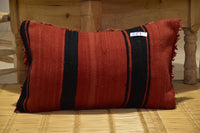 Two Reversible Moroccan Lumbar Pillow, Shaggy Kilim Wool Cushion, Red Black Stripes