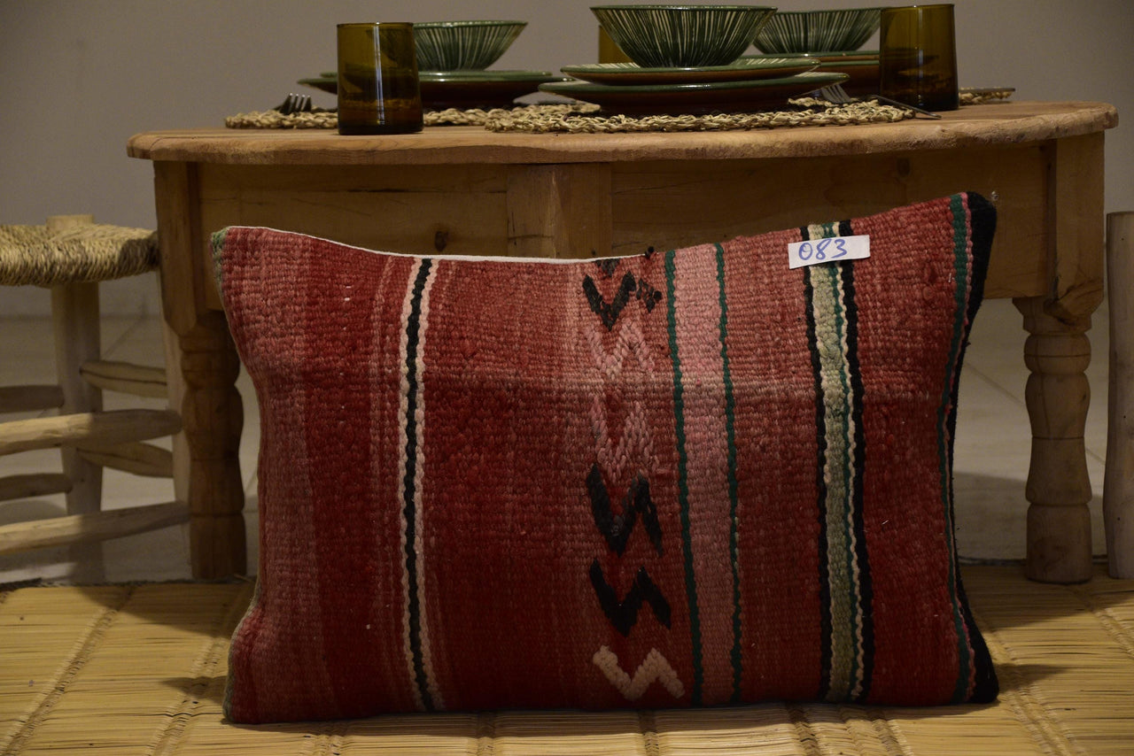 Two Hand-Woven Wool Kilim Lumbar Pillow Cover, Traditional Berber Stripes, Boho Geometric Cushion