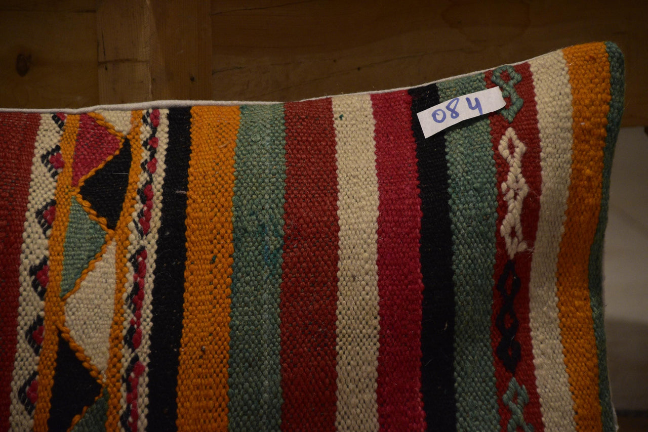 Two Hand-Woven Wool Kilim Lumbar Pillow, Colorful Striped Berber Cushion, Geometric Ethnic Textile Vintage