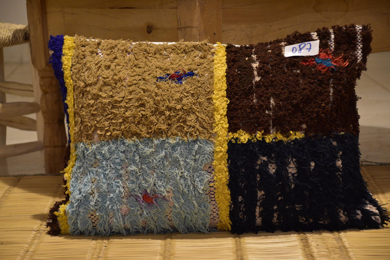 Two Moroccan Boucherouite Shaggy Lumbar Pillow, Patchwork Berber Cushion, Boho Wool Decor Vintage
