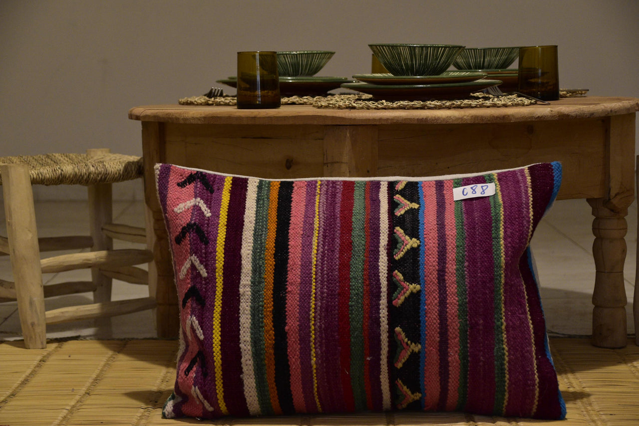 Two Handwoven Moroccan Lumbar Pillow, Geometric Berber Wool Cushion, Textured Boho Accent Vintage