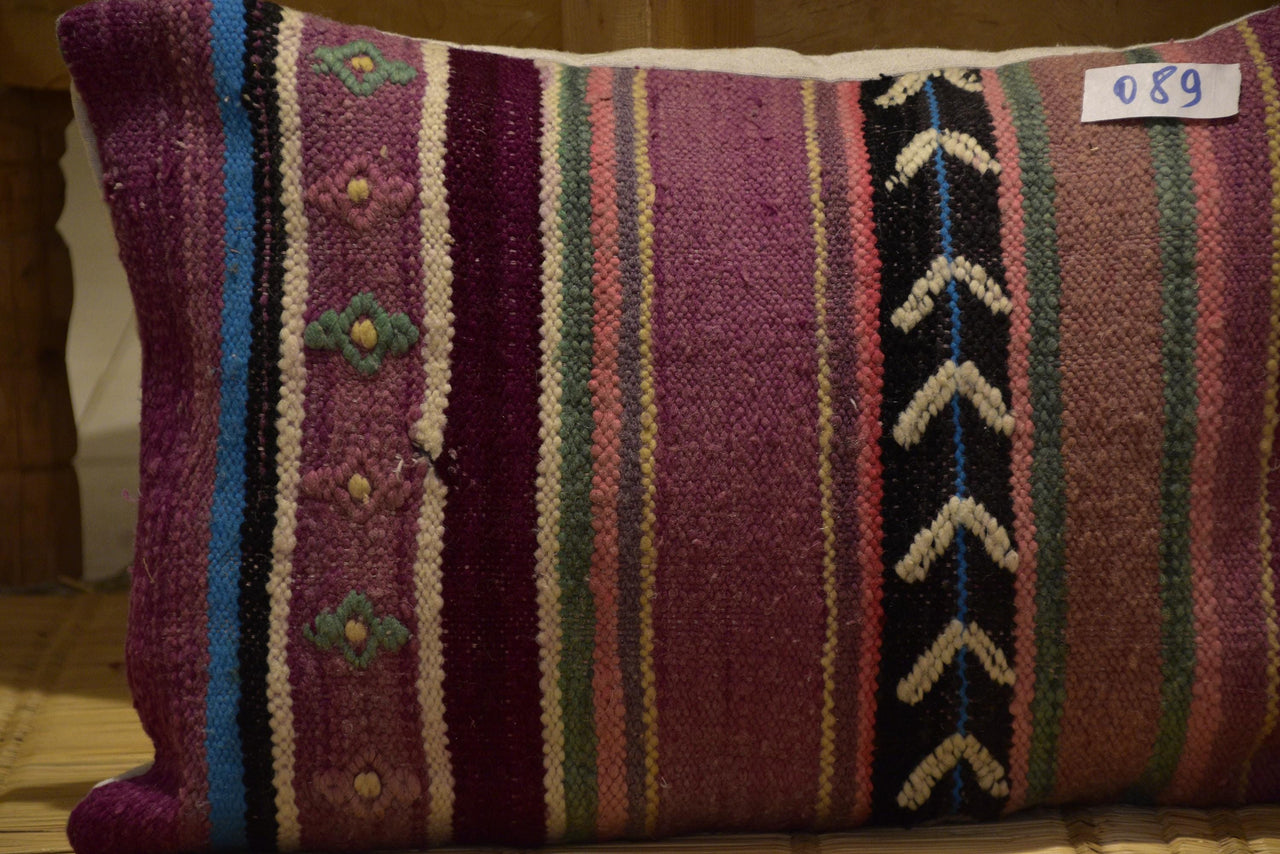 Two Handwoven Moroccan Wool Lumbar Pillow Cover, Earth Tone Kilim Accent Cushion Vintage