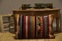 Two Hand-Woven Wool Kilim Lumbar Pillow, Geometric Berber Diamond Pattern, Boho Ethnic Decor Vintage