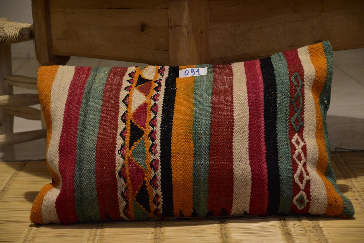 Two Hand-Woven Wool Kilim Lumbar Pillow, Geometric Berber Diamond Pattern, Boho Ethnic Decor Vintage