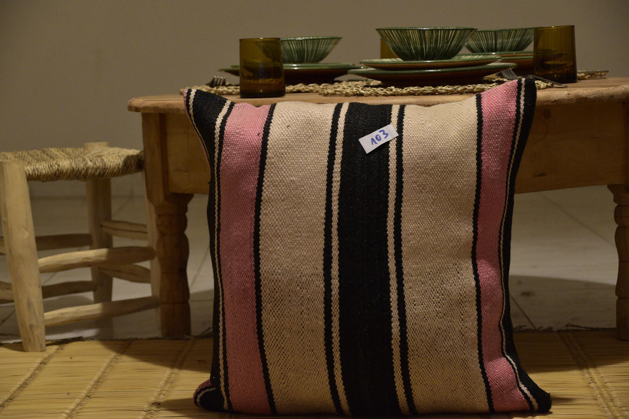 Two Hand-Woven Wool Lumbar Pillow, Geometric Berber Kilim Accent Cushion Vintage
