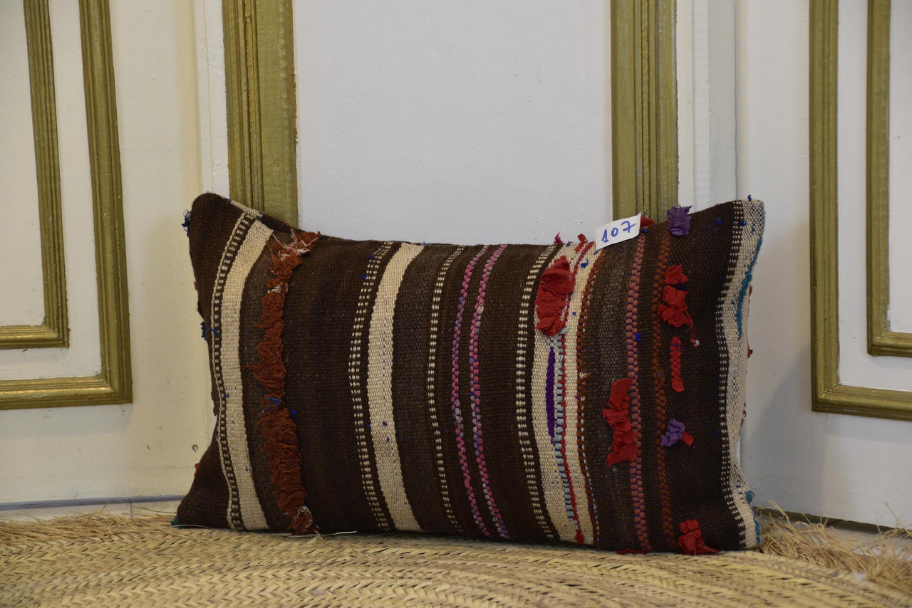 Two Handwoven Wool Kilim Lumbar Pillow, Geometric Berber Accent Cushion, Earth-Tone Boho Chic Vintage