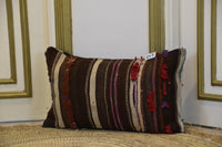 Two Handwoven Wool Kilim Lumbar Pillow, Geometric Berber Accent Cushion, Earth-Tone Boho Chic Vintage