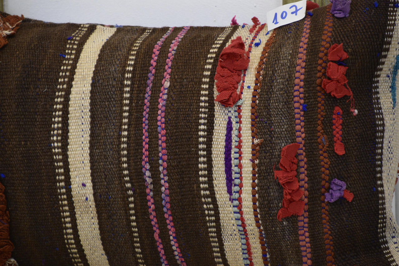 Two Handwoven Wool Kilim Lumbar Pillow, Geometric Berber Accent Cushion, Earth-Tone Boho Chic Vintage