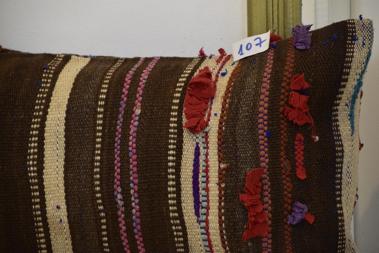 Two Handwoven Wool Kilim Lumbar Pillow, Geometric Berber Accent Cushion, Earth-Tone Boho Chic Vintage