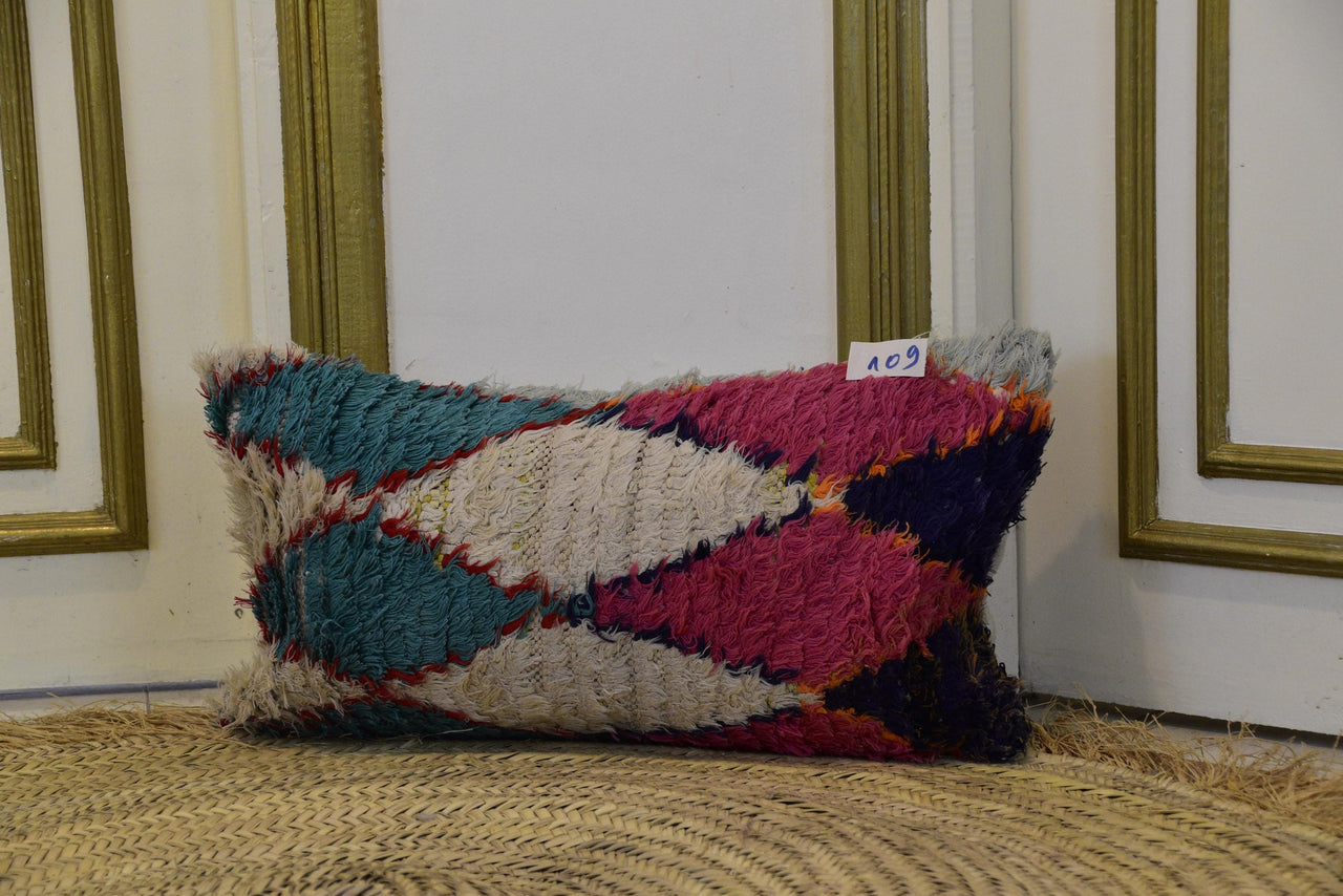 Two Hand-Woven Wool Lumbar Pillow, Geometric Berber Diamond Pattern Accent Cushion Vintage