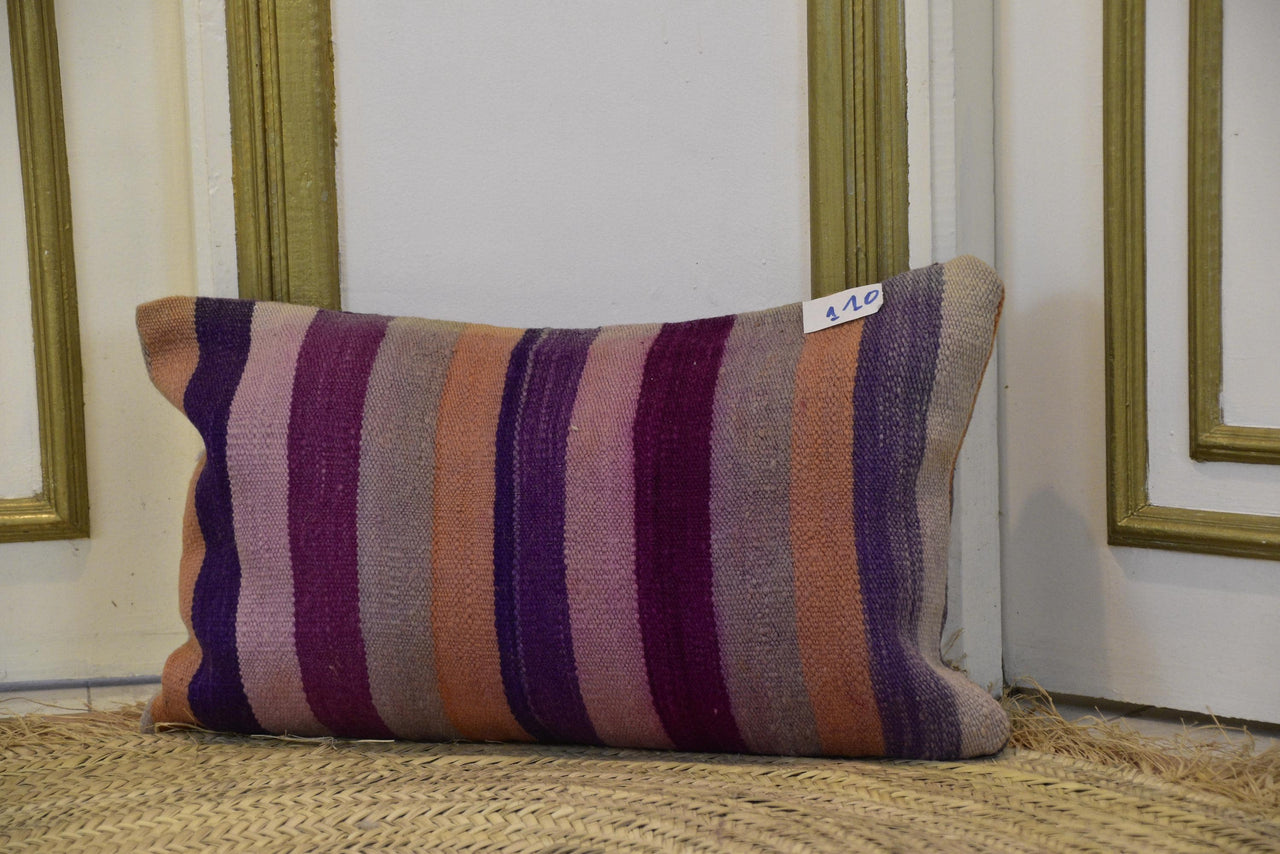 Two Hand-Woven Wool Lumbar Pillow, Geometric Berber Kilim Accent Cushion Vintage