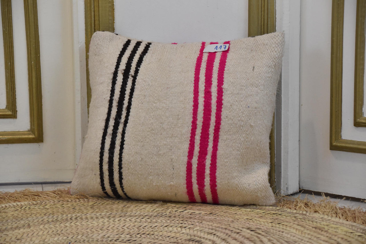 Two Hand-Woven Wool Kilim Lumbar Pillow, Geometric Berber Accent Cushion, Boho Chic Decor Vintage