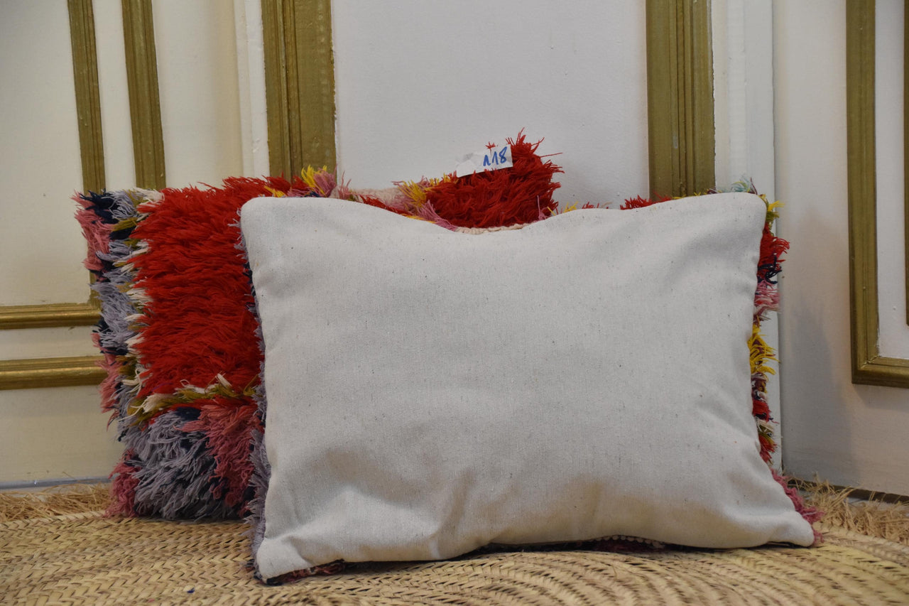 Two Hand-Woven Wool Lumbar Pillow, Geometric Berber Kilim Cushion, Boho Ethnic Home Accent Vintage