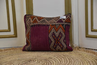 Two Hand-Woven Moroccan Kilim Pillow Cover, Deep Plum Orange Geometric Wool Cushion Vintage